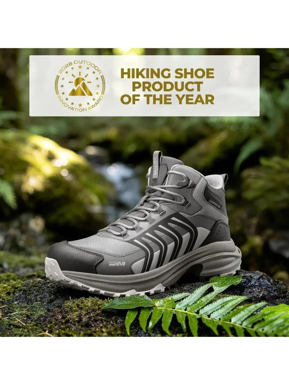 Men's Light Grey Trekking Shoes Mid Top Round Toe Non Slip Zipper Hiking Boots